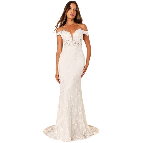 LULUS Precious Romance White Embroidered Off-the-Shoulder‎ Maxi Dress-Size 8 - Picture 1 of 10
